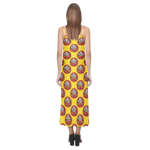 Daruma japanese wooden doll yellow background V-Neck Open Fork Long Dress