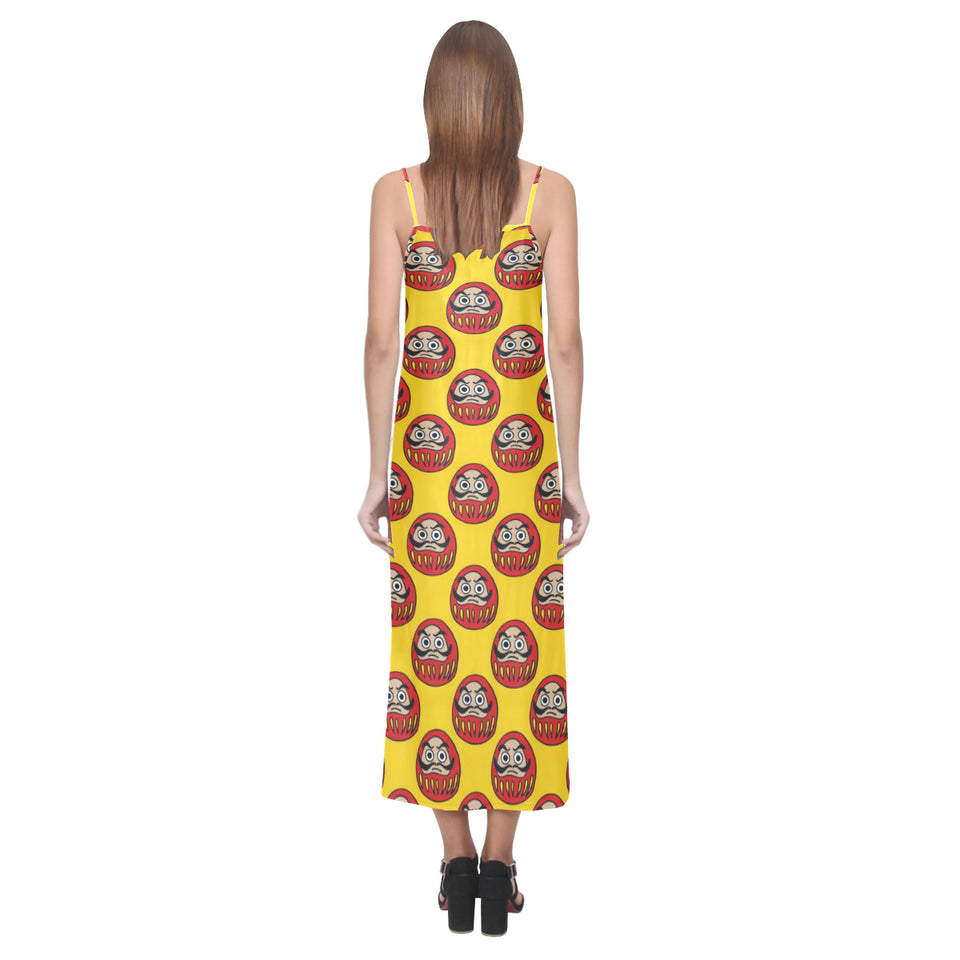 Daruma japanese wooden doll yellow background V-Neck Open Fork Long Dress