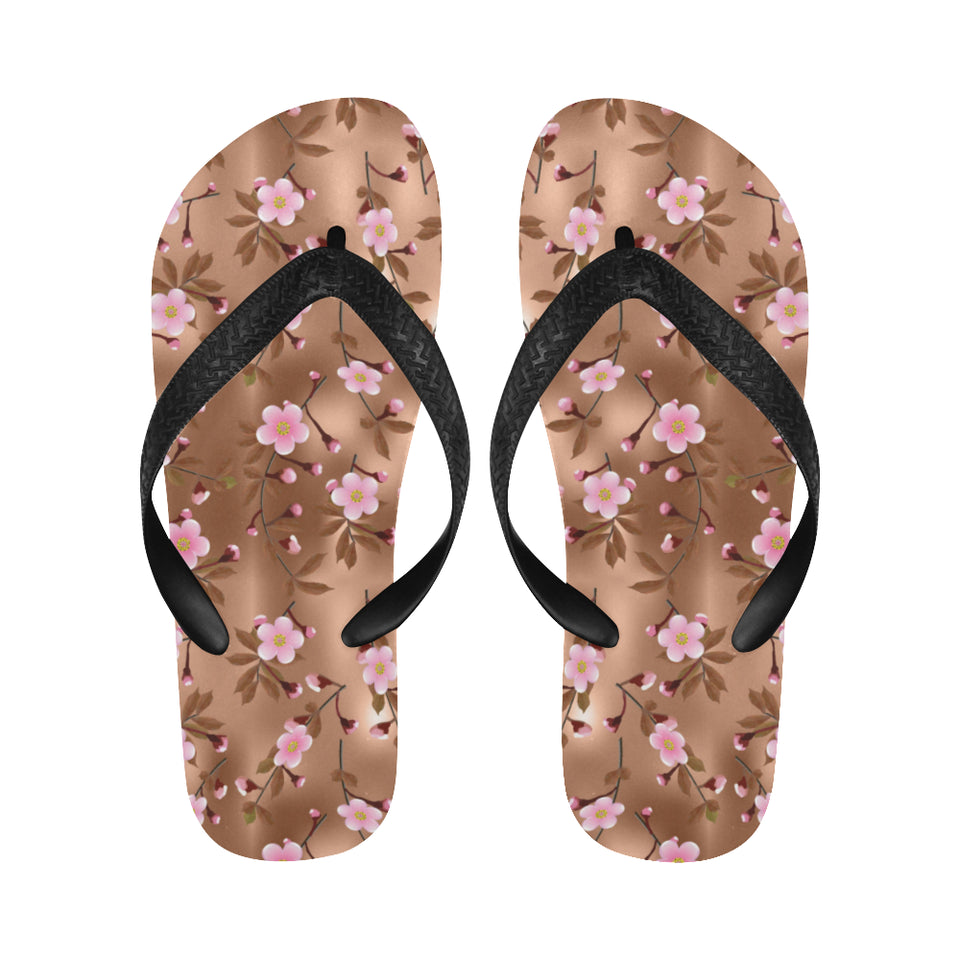 Pink sakura cherry blossom drak brown background Unisex Flip Flops