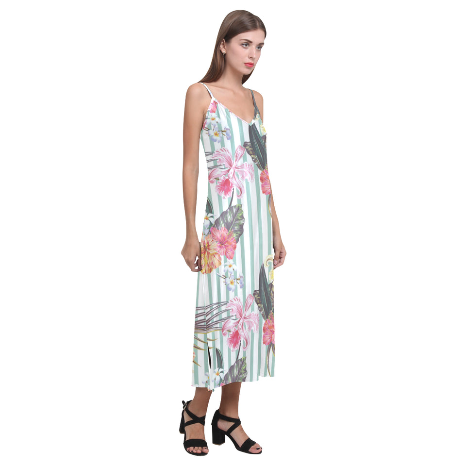 Colorful orchid flower pattern V-Neck Open Fork Long Dress