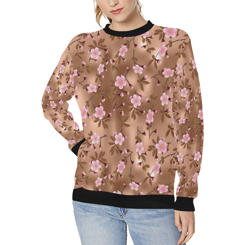 Pink sakura cherry blossom drak brown background Women's Crew Neck Sweatshirt