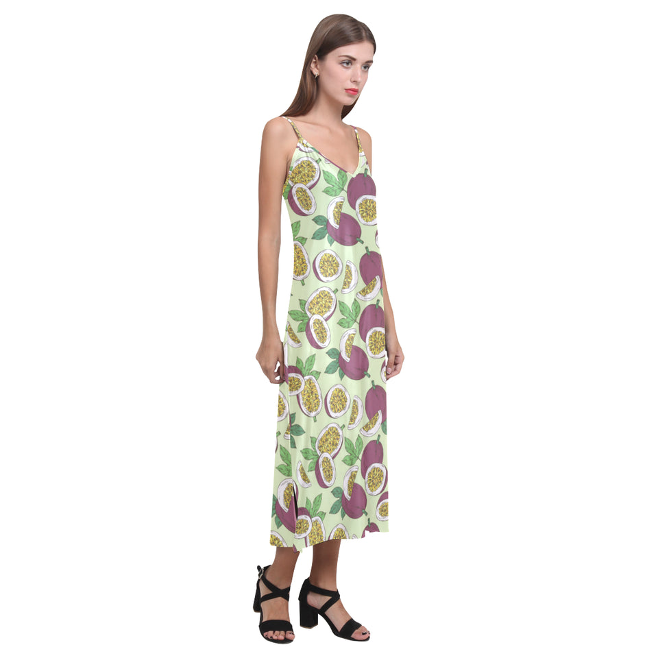 Paassion fruit pattern V-Neck Open Fork Long Dress