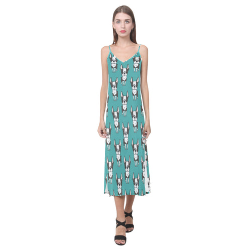 Hand drawn boston terrier dog pattern V-Neck Open Fork Long Dress