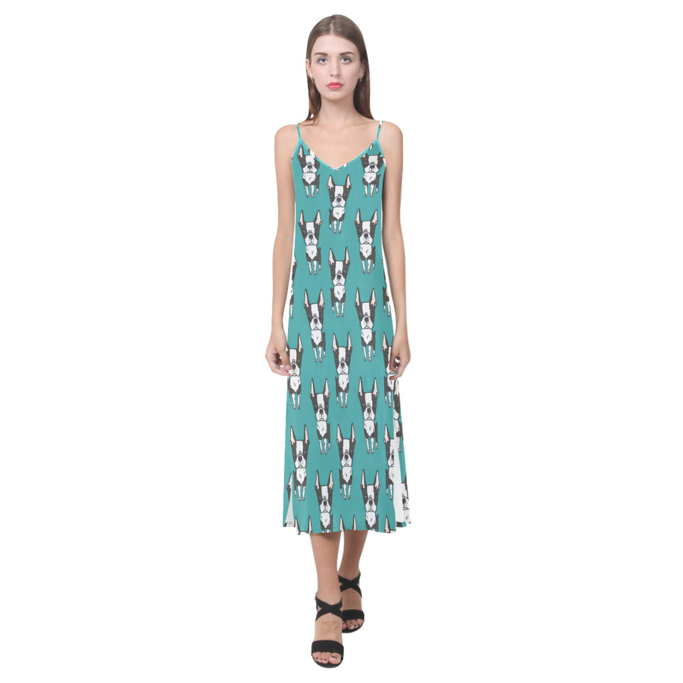 Hand drawn boston terrier dog pattern V-Neck Open Fork Long Dress