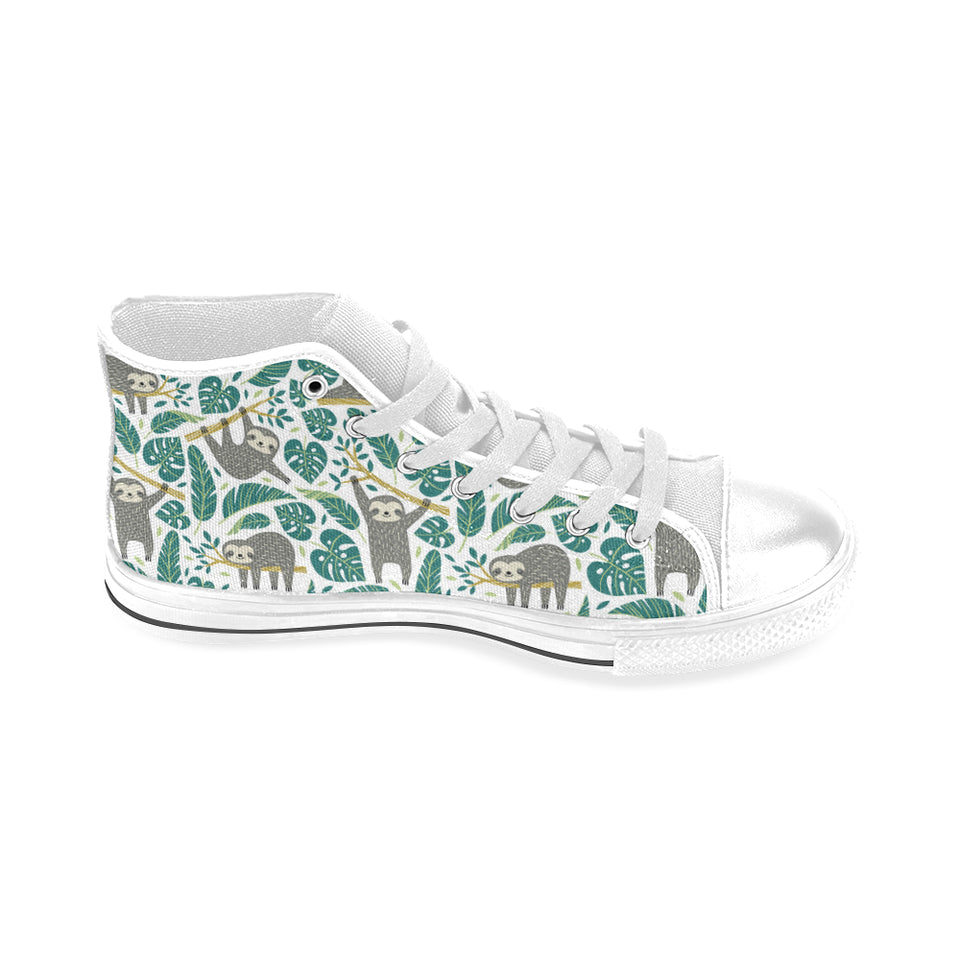 Cute sloths tropical palm leaves white background Men's High Top Canvas Shoes White
