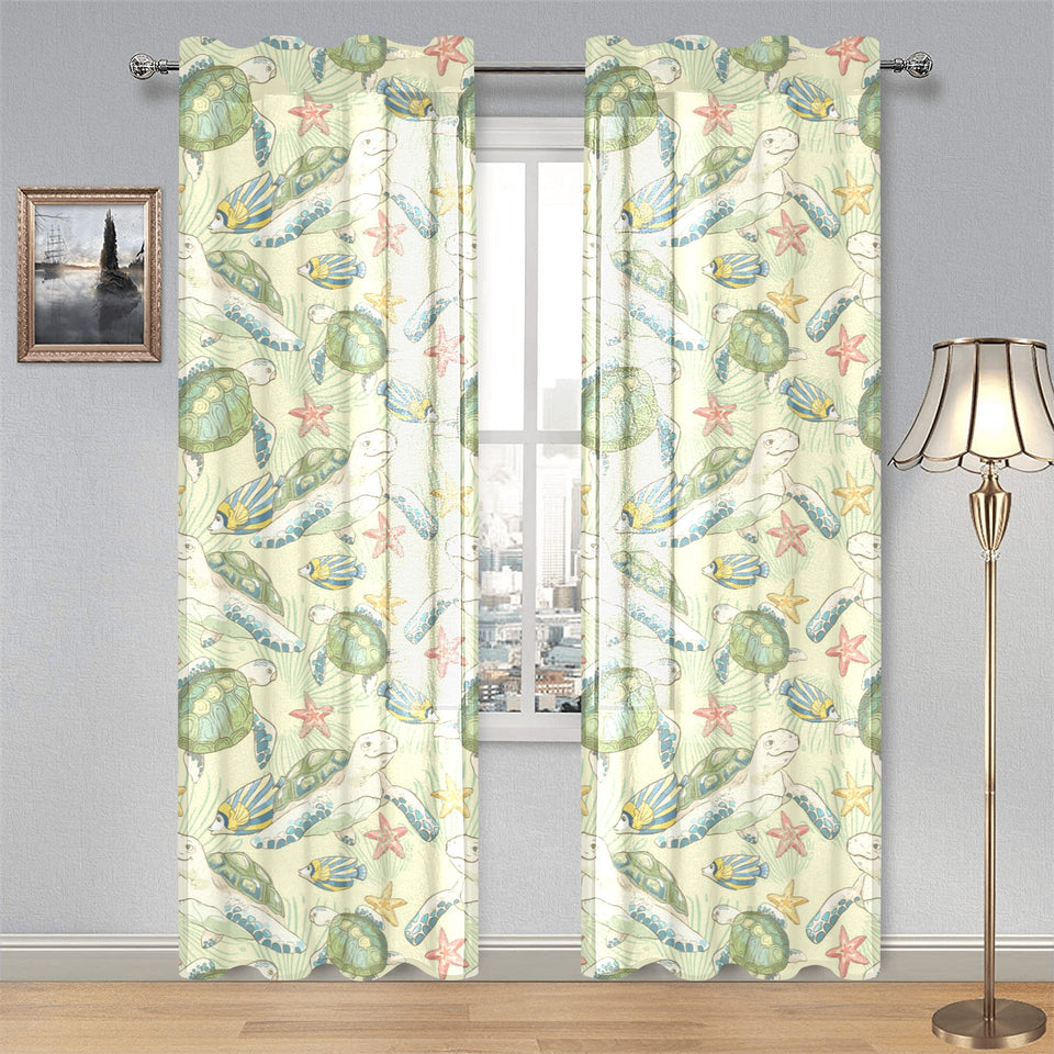 Hand drawn sea turtle fish pattern Gauze Curtain