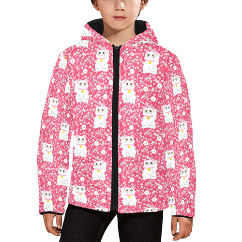 Maneki neko cat sakura pink background Kids' Boys' Girls' Padded Hooded Jacket