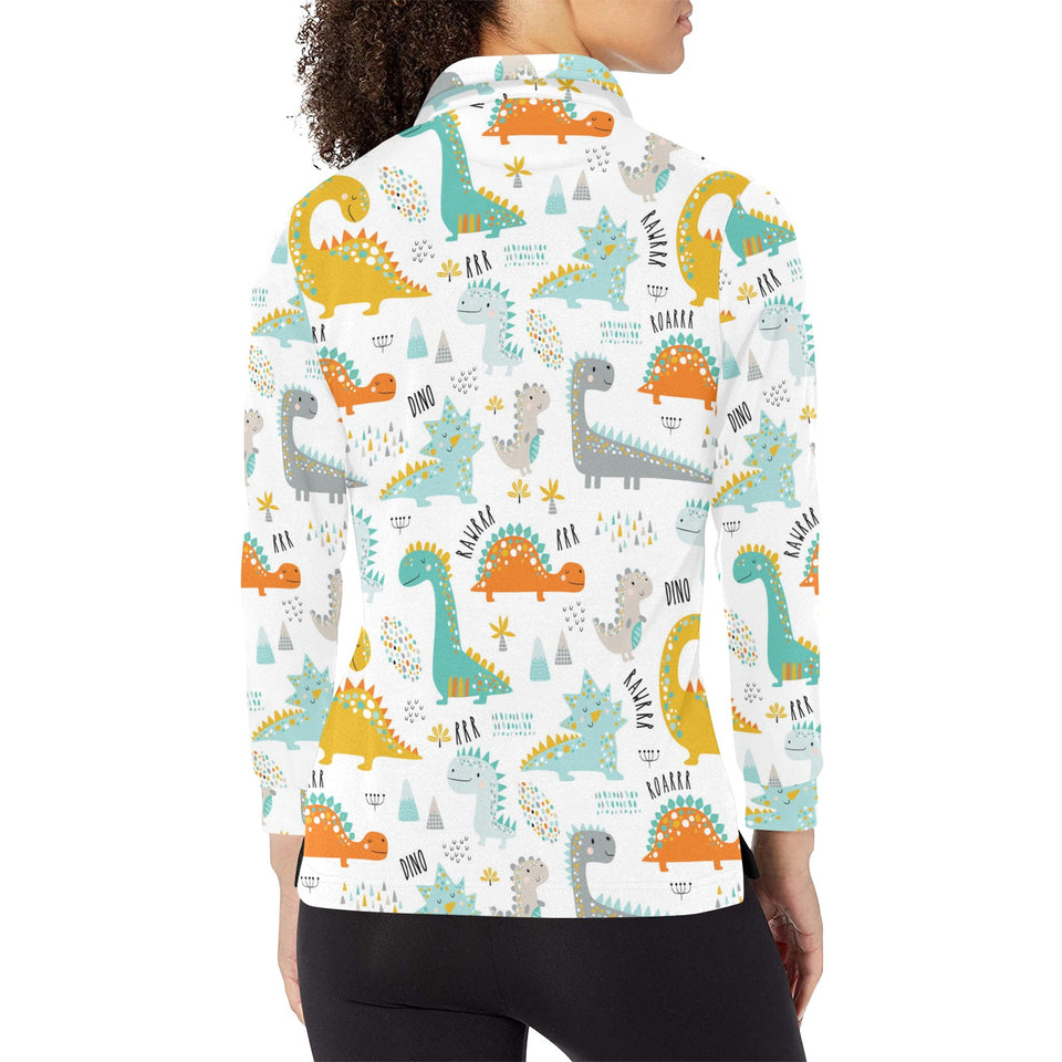 Cute funny kids dinosaurs pattern Women's Long Sleeve Polo Shirt