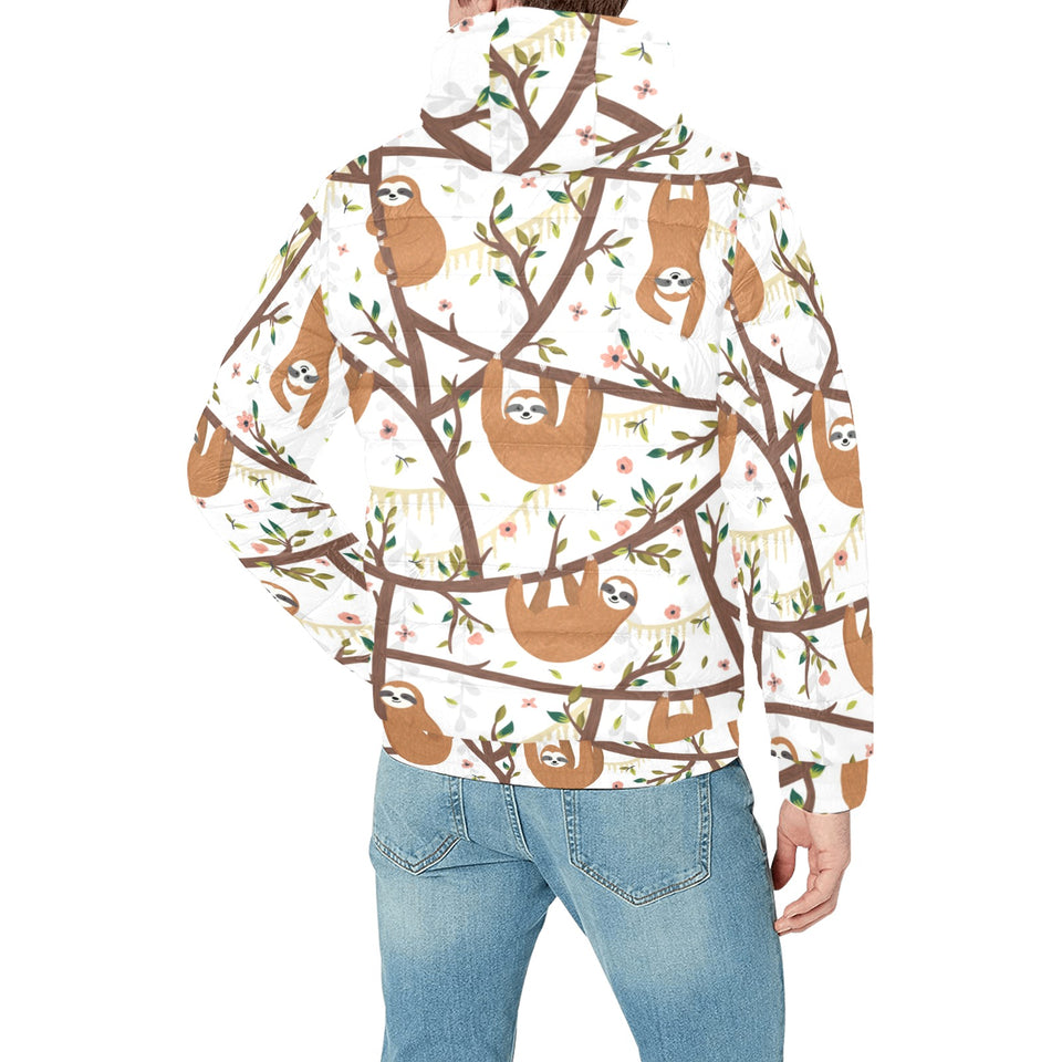Sloths hanging on the tree pattern Men's Padded Hooded Jacket