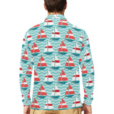 Red White sailboat wave background Men's Long Sleeve Polo Shirt