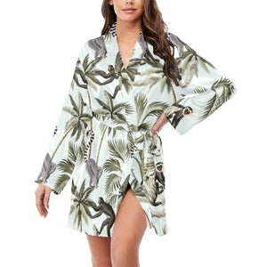 Monkey sloth lemur palm trees pattern Women's Long Sleeve Belted Night Robe