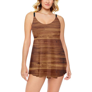 Wood Printed Pattern Print Design 04 Chest Sexy Pleated Two Piece Swim Dress
