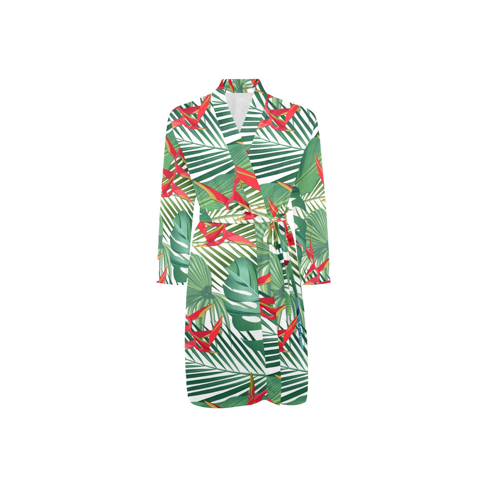 heliconia palm and monstera leaves pattern Men's Long Sleeve Belted Night Robe