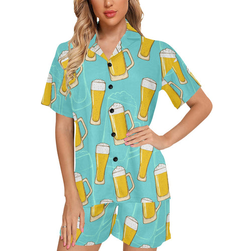 Beer pattern green background Women's V-Neck Short Pajama Set