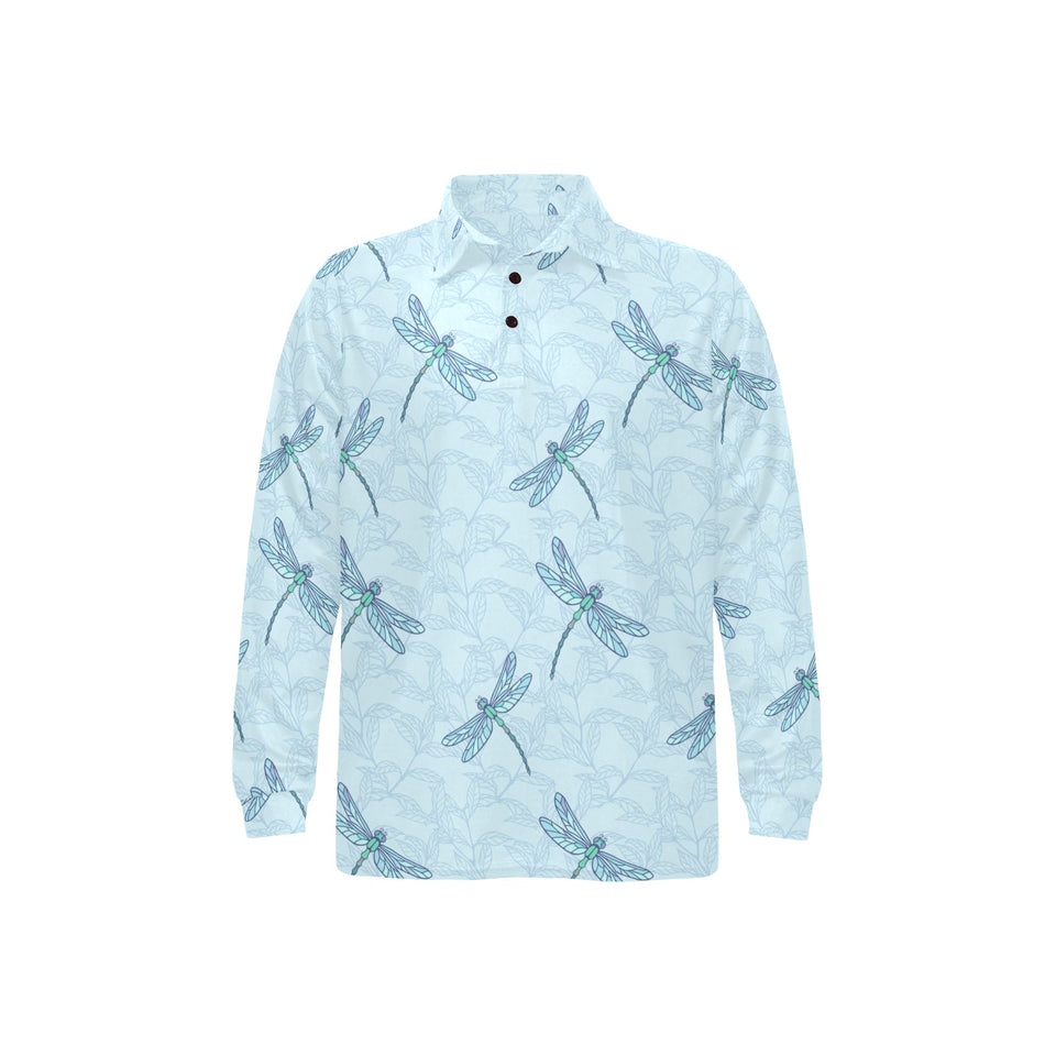 Dragonfly pattern blue background Men's Long Sleeve Polo Shirt