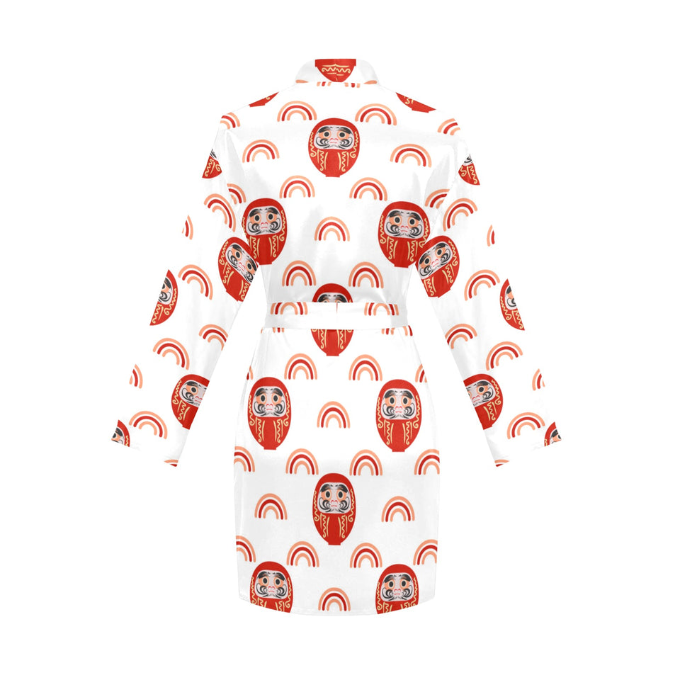 Daruma japanese wooden doll design pattern Women's Long Sleeve Belted Night Robe