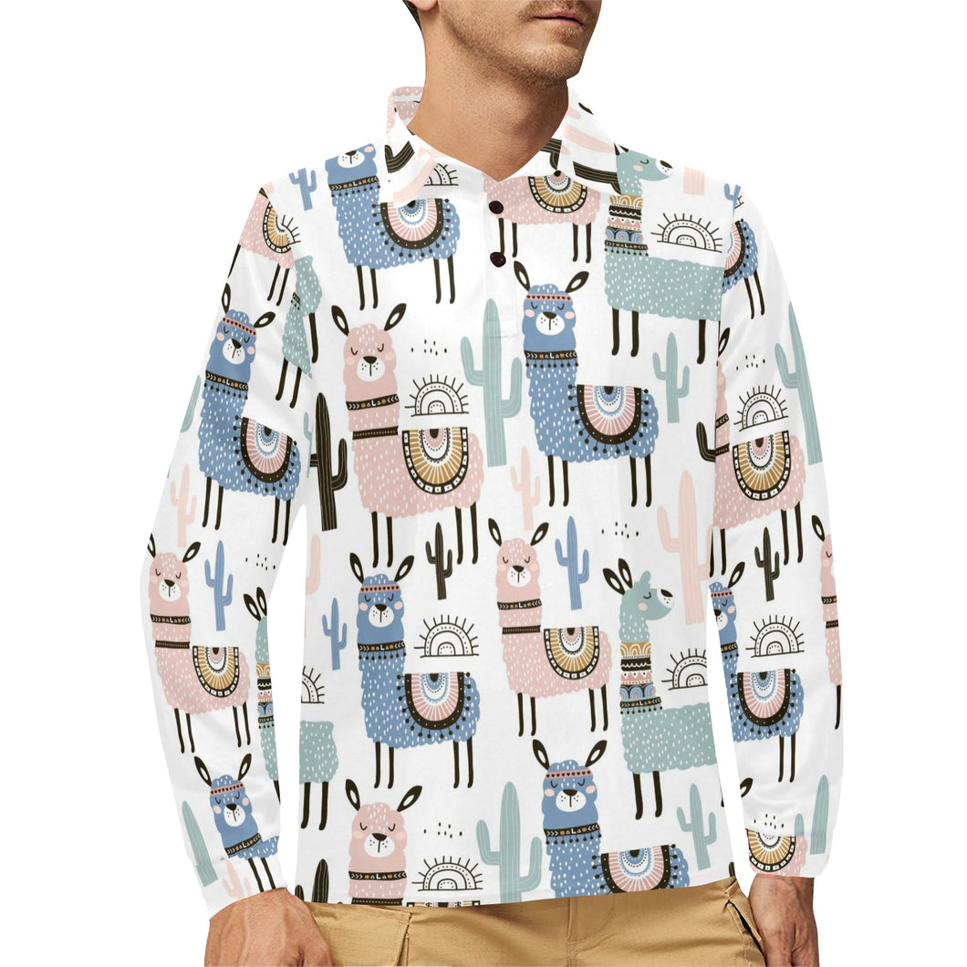 lama Alpaca cactus hand drawn pattern Men's Long Sleeve Polo Shirt