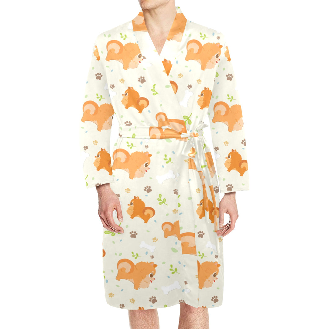 Cute brown pomeranian paw leave bone pattern Men's Long Sleeve Belted Night Robe