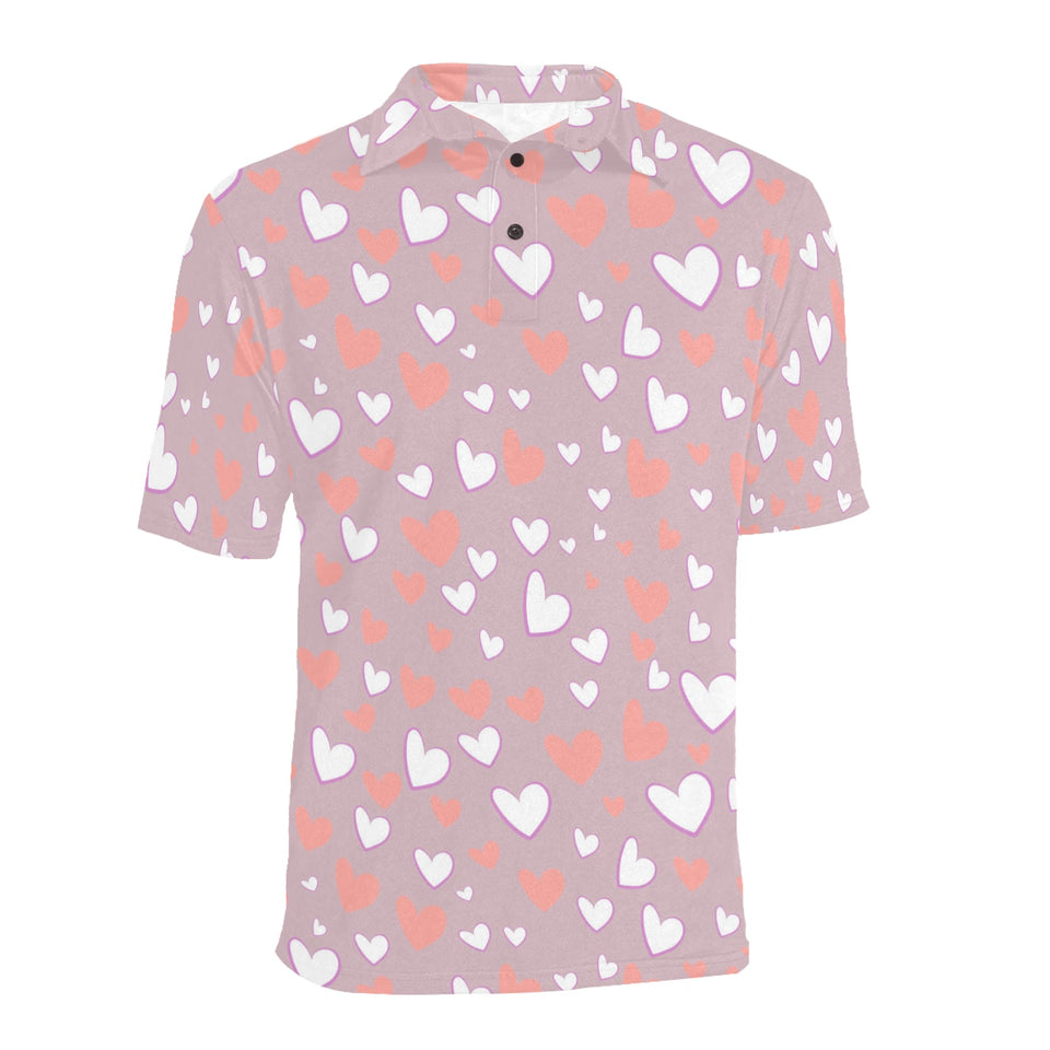 coral white heart pattern Men's All Over Print Polo Shirt