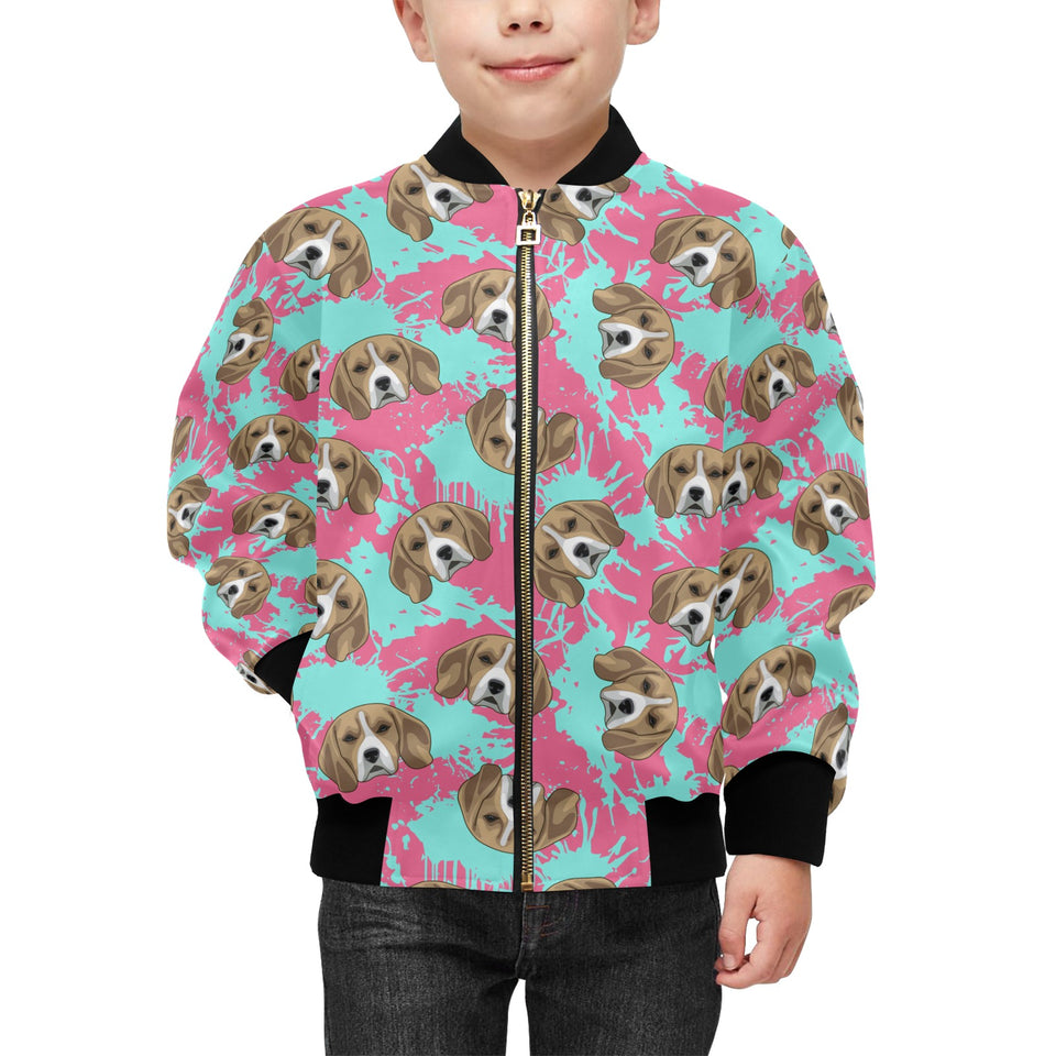 Beagle muzzles turquoise paint splashes pink patte Kids' Boys' Girls' Bomber Jacket