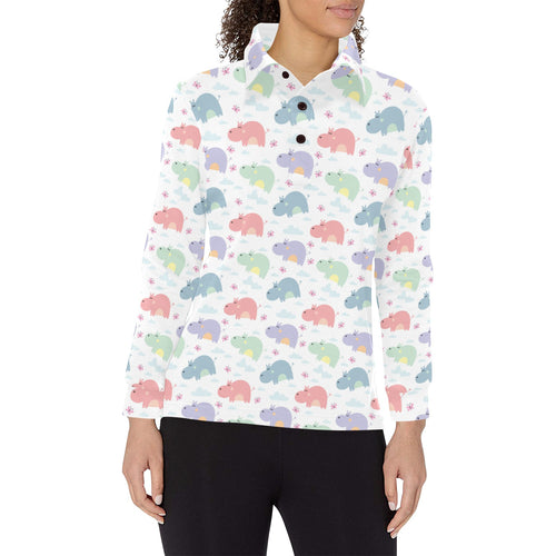 Hippopotamus Pattern Print Design 03 Women's Long Sleeve Polo Shirt