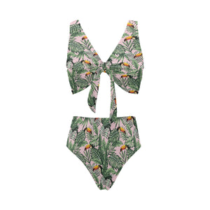 Toucan tropical green jungle palm pattern Chest Bowknot High Waisted Bikini Swimsuit