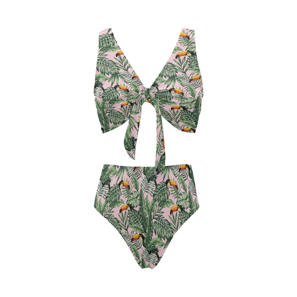 Toucan tropical green jungle palm pattern Chest Bowknot High Waisted Bikini Swimsuit