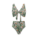 Toucan tropical green jungle palm pattern Chest Bowknot High Waisted Bikini Swimsuit