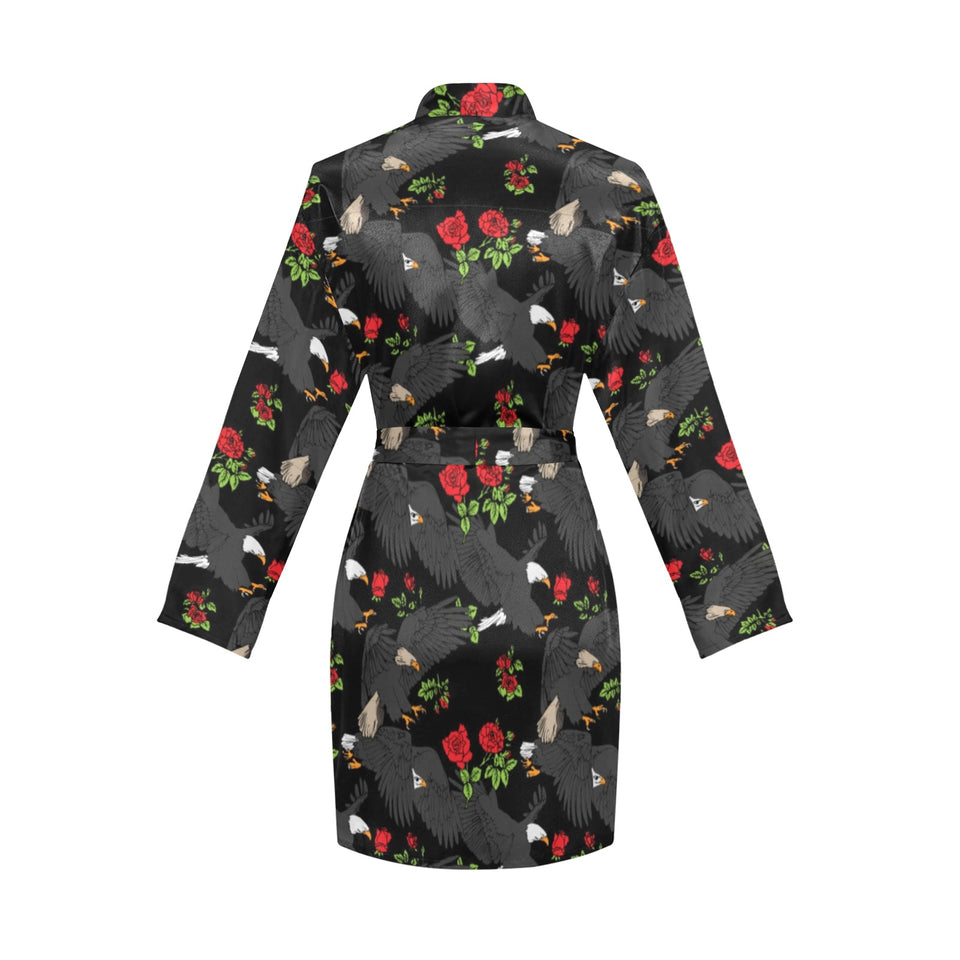 Eagle Pattern Print Design 04 Women's Long Sleeve Belted Night Robe