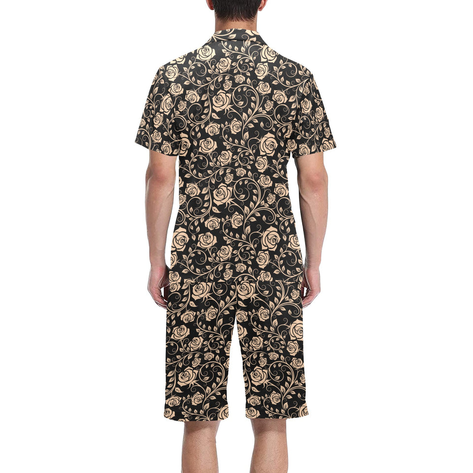 Rose Pattern Print Design 04 Men's V-Neck Short Pajama Set