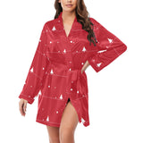 Christmas tree star snow red background Women's Long Sleeve Belted Night Robe