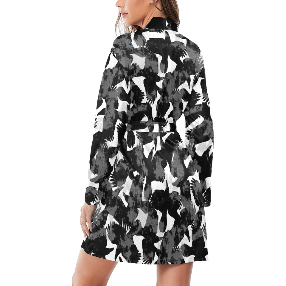 Crow illustration pattern Women's Long Sleeve Belted Night Robe