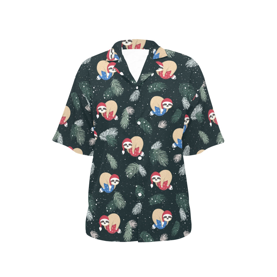 Cute sloths sleeping christmas ball santa hat patt Women's All Over Print Hawaiian Shirt