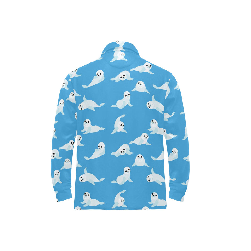 Cute sea lion seal pattern background Men's Long Sleeve Polo Shirt