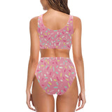 Pink donut glaze candy pattern Chest Bowknot High Waisted Bikini Swimsuit