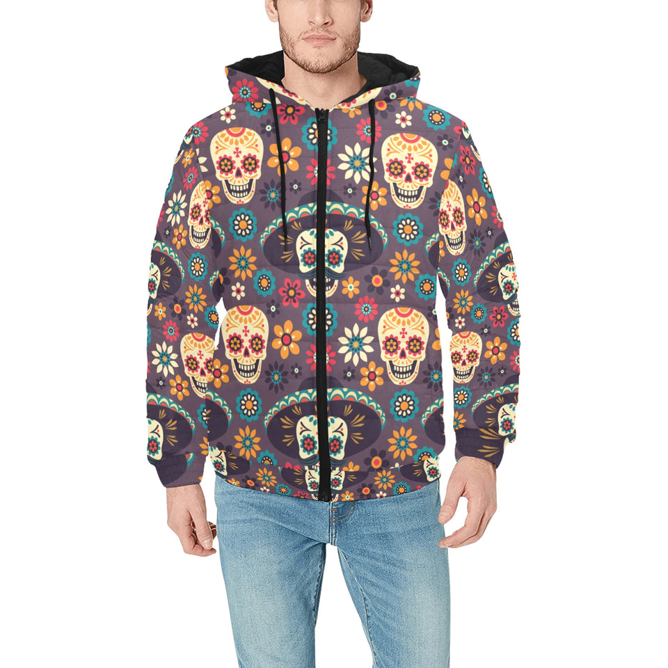 Sugar skulls flower maxican pattern Men's Padded Hooded Jacket