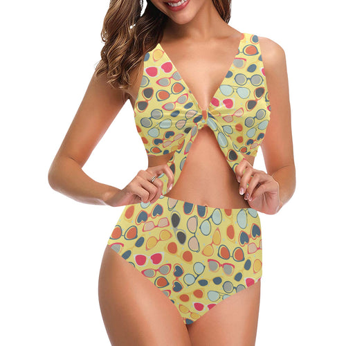 Sun Glasses Pattern Print Design 05 Chest Bowknot High Waisted Bikini Swimsuit