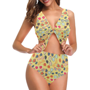 Sun Glasses Pattern Print Design 05 Chest Bowknot High Waisted Bikini Swimsuit