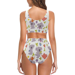 Cute koalas teapots tea Chest Bowknot High Waisted Bikini Swimsuit