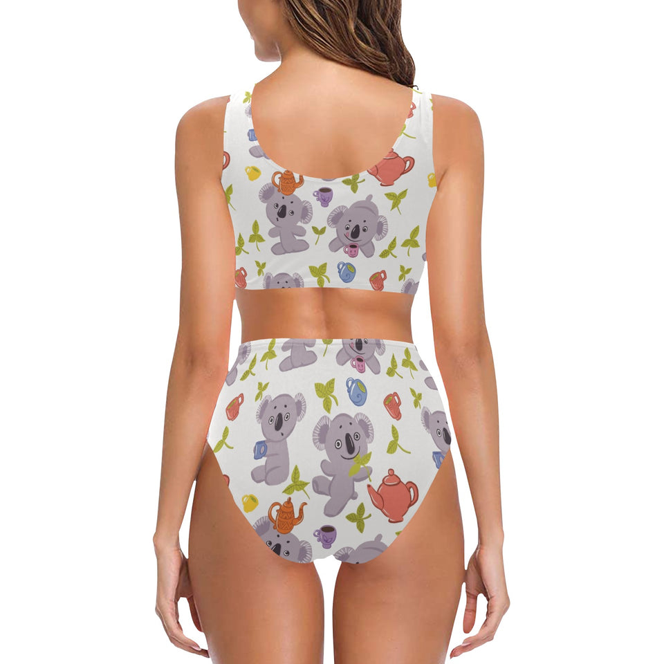 Cute koalas teapots tea Chest Bowknot High Waisted Bikini Swimsuit