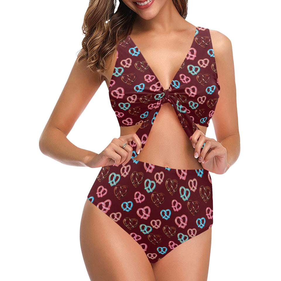 Pretzels Pattern Print Design 05 Chest Bowknot High Waisted Bikini Swimsuit