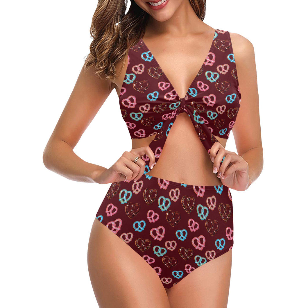 Pretzels Pattern Print Design 05 Chest Bowknot High Waisted Bikini Swimsuit