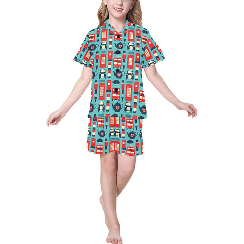 British Pattern Print Design 04 Kids' Boys' Girls' V-Neck Short Pajama Set