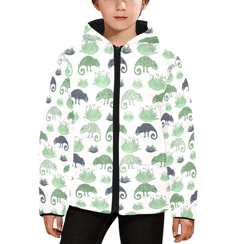Chameleon lizard succulent plant pattern Kids' Boys' Girls' Padded Hooded Jacket