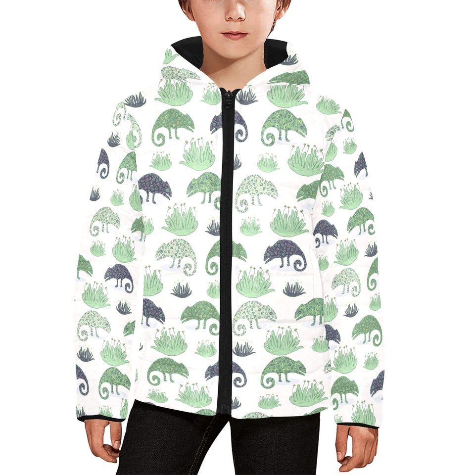 Chameleon lizard succulent plant pattern Kids' Boys' Girls' Padded Hooded Jacket