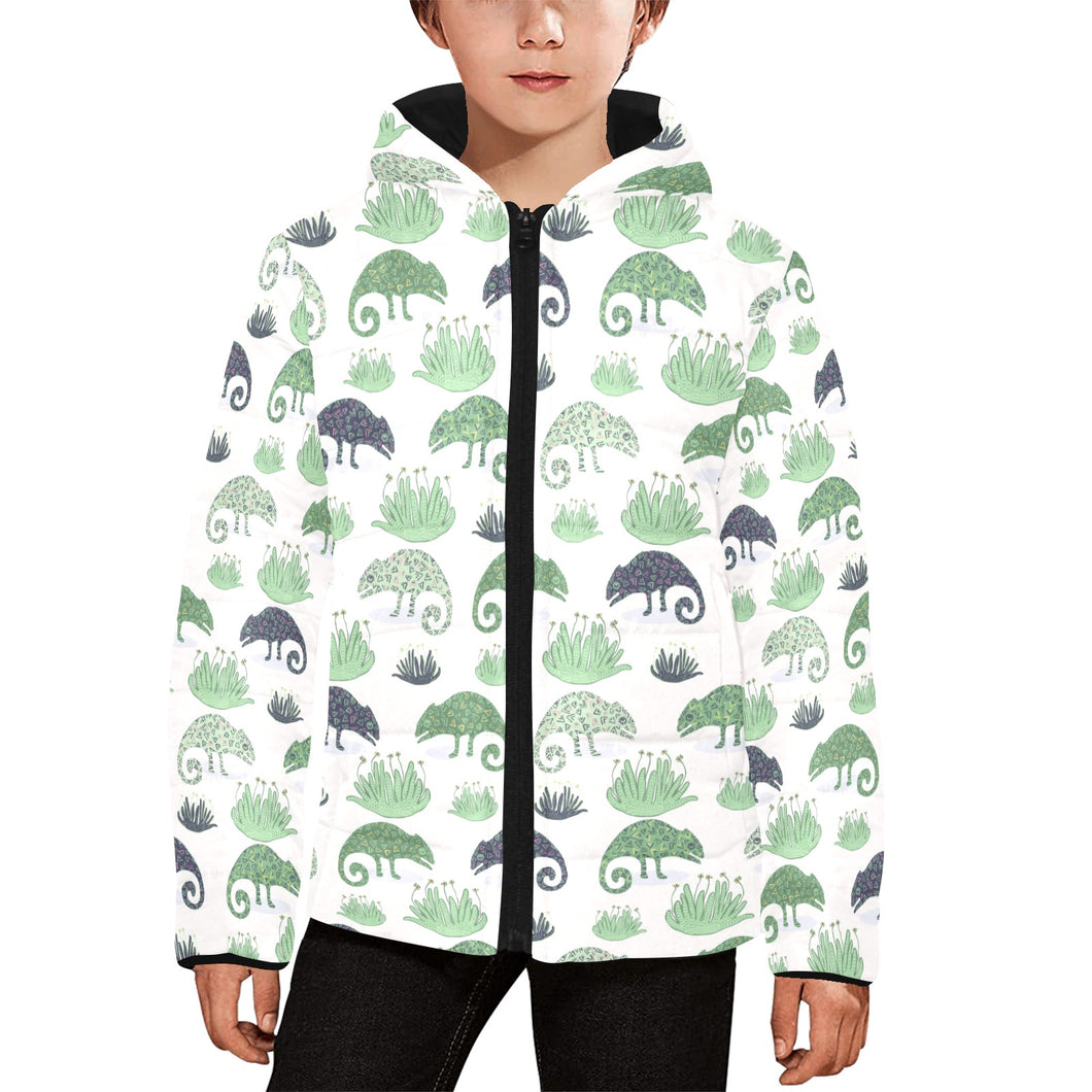 Chameleon lizard succulent plant pattern Kids' Boys' Girls' Padded Hooded Jacket