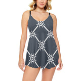 nautical steering wheel rope pattern Chest Sexy Pleated Two Piece Swim Dress