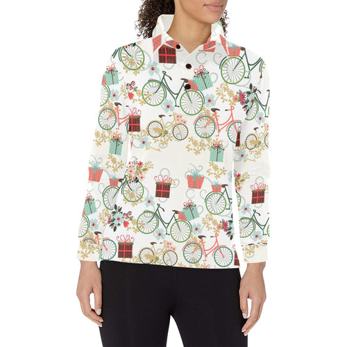 Bicycle Pattern Print Design 05 Women's Long Sleeve Polo Shirt
