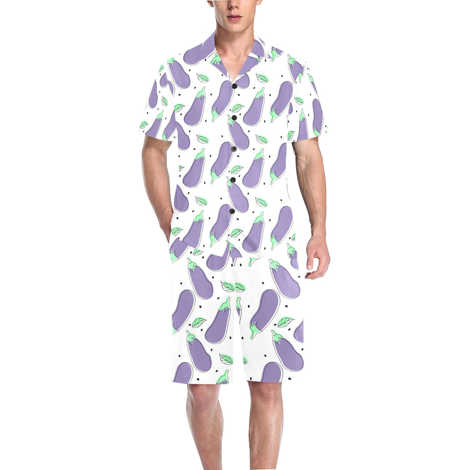 Eggplant Pattern Print Design 05 Men's V-Neck Short Pajama Set