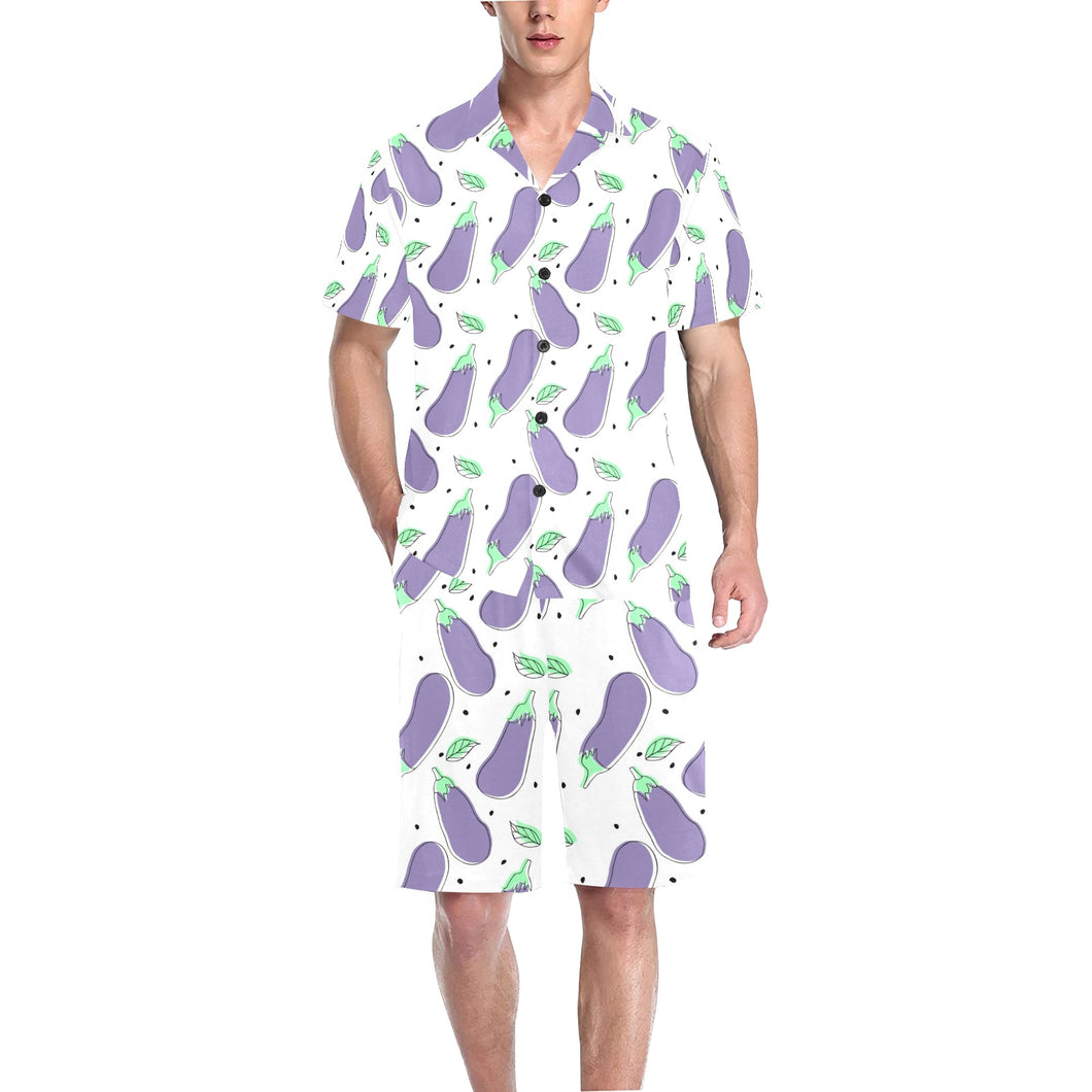 Eggplant Pattern Print Design 05 Men's V-Neck Short Pajama Set